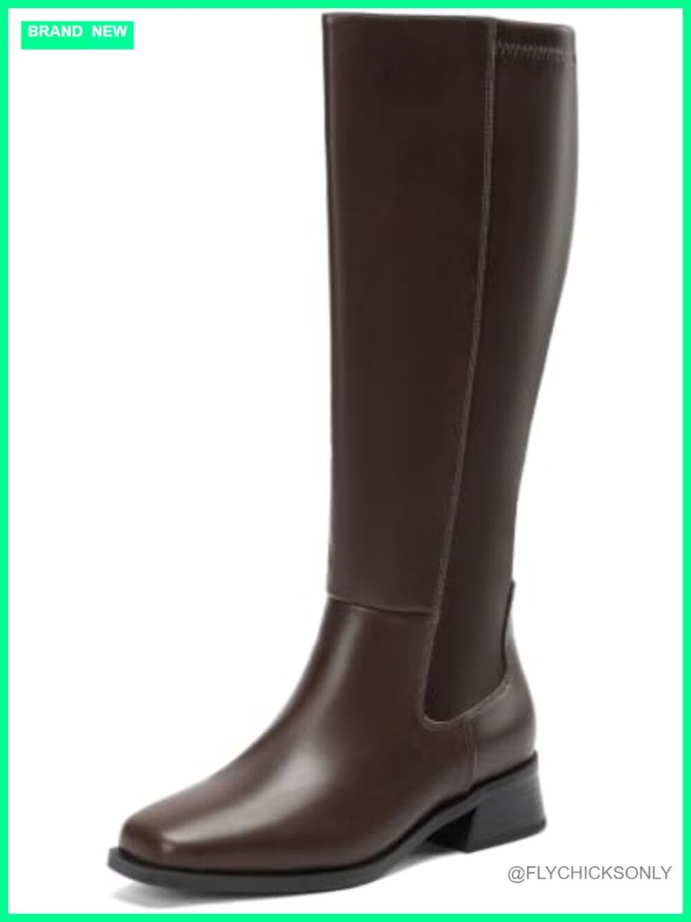 Wide Calf Knee High Boots Square Toe Low Block Heel Faux Leather